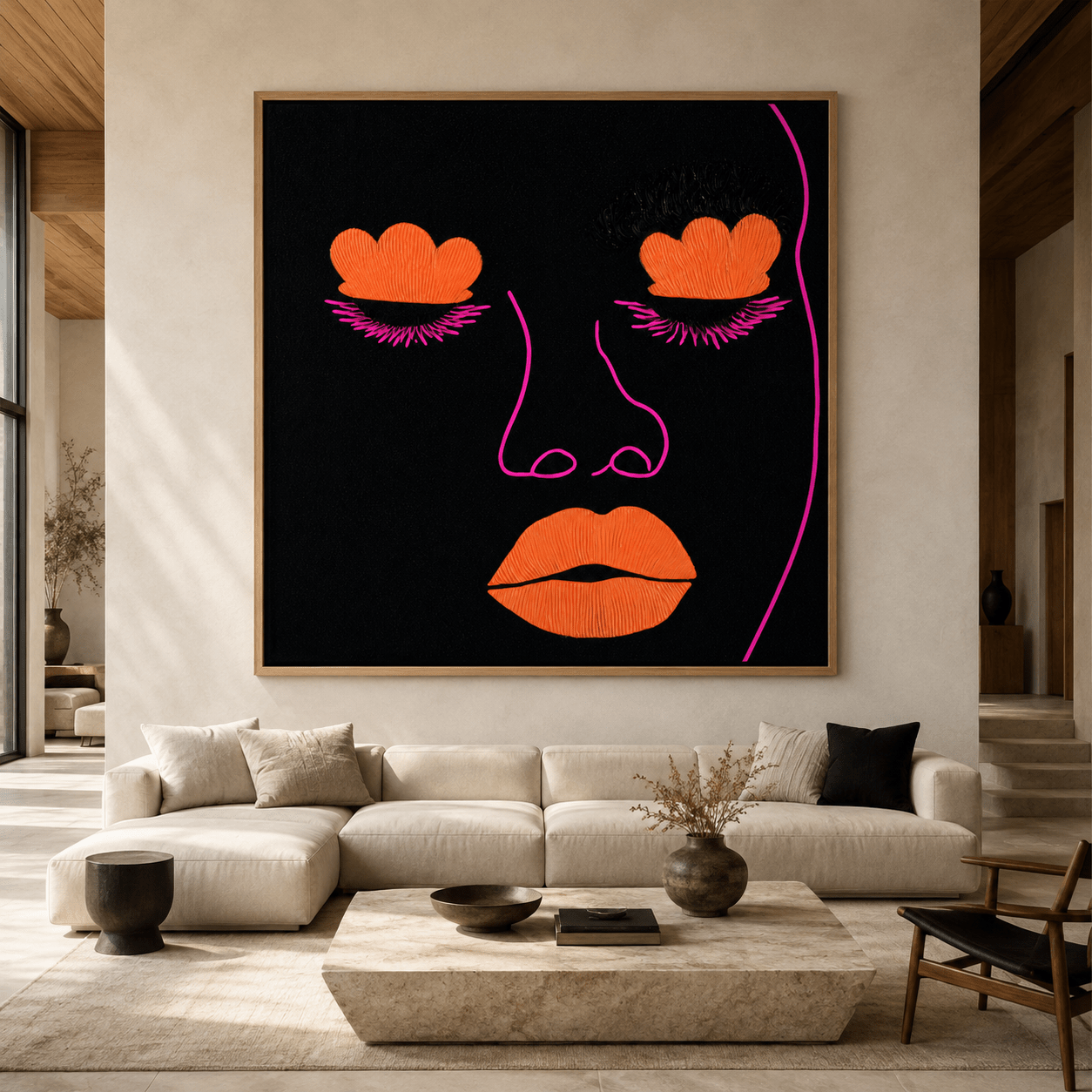 Large pop art face canvas print in a living room above a cream sectional sofa