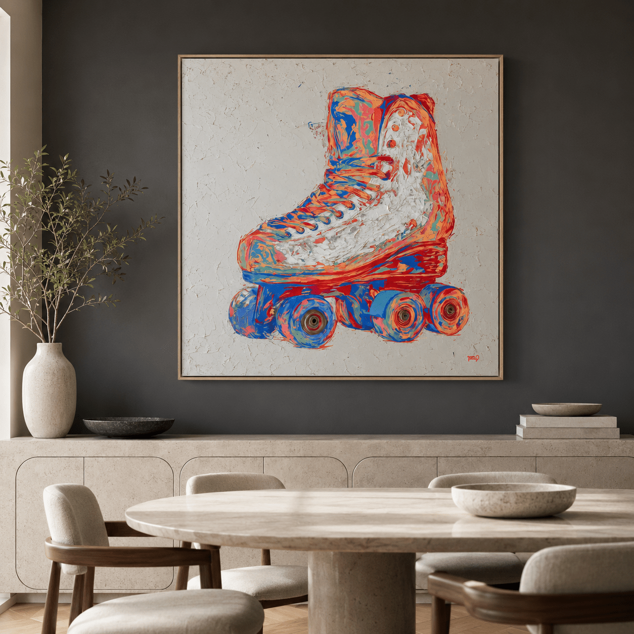 Neon Wheels pop art roller skate painting displayed above a sideboard in a moody dark dining room