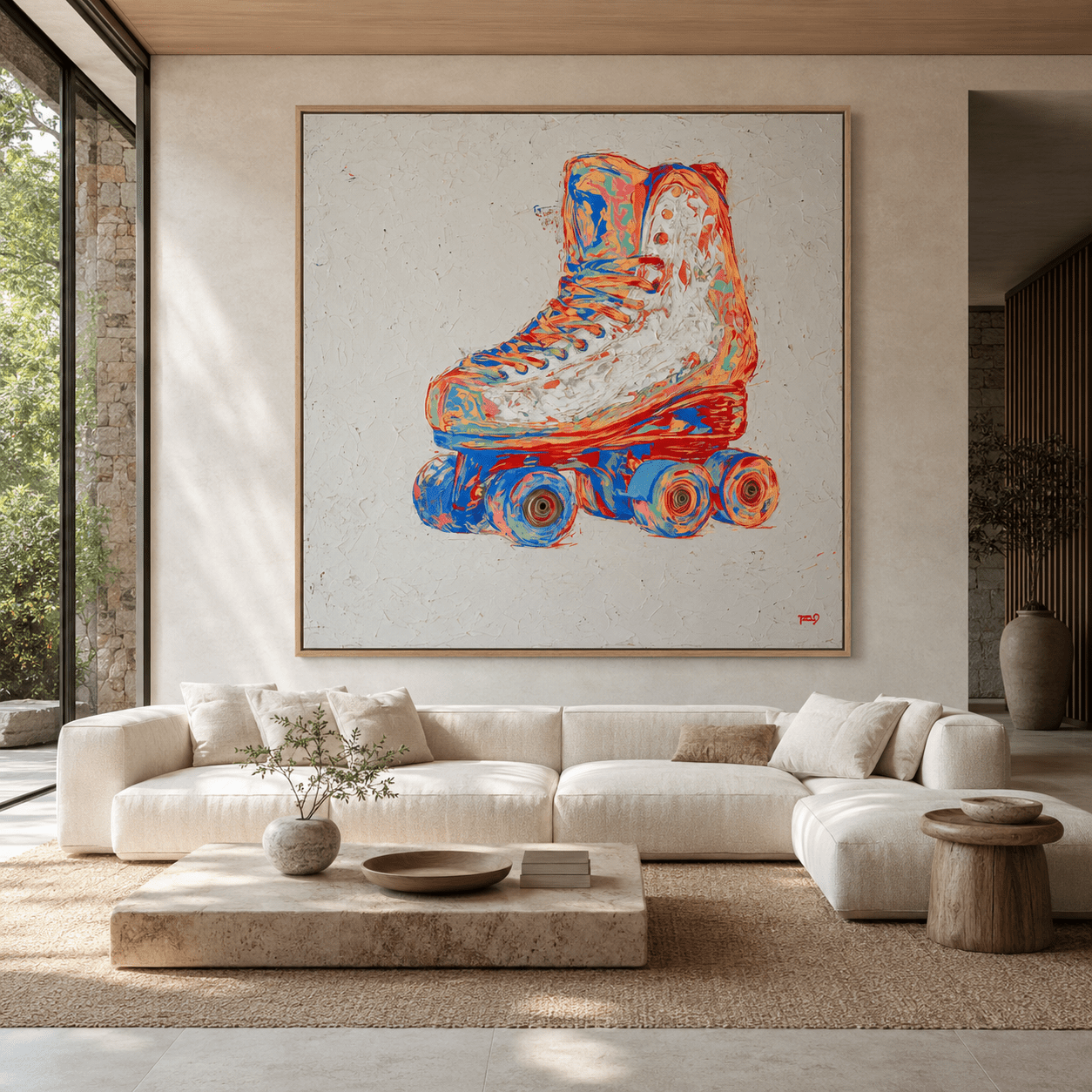 Pop art painting of a roller skate in an oak floater frame, styled above a beige sectional sofa in a bright modern living room, by Rossetti Art