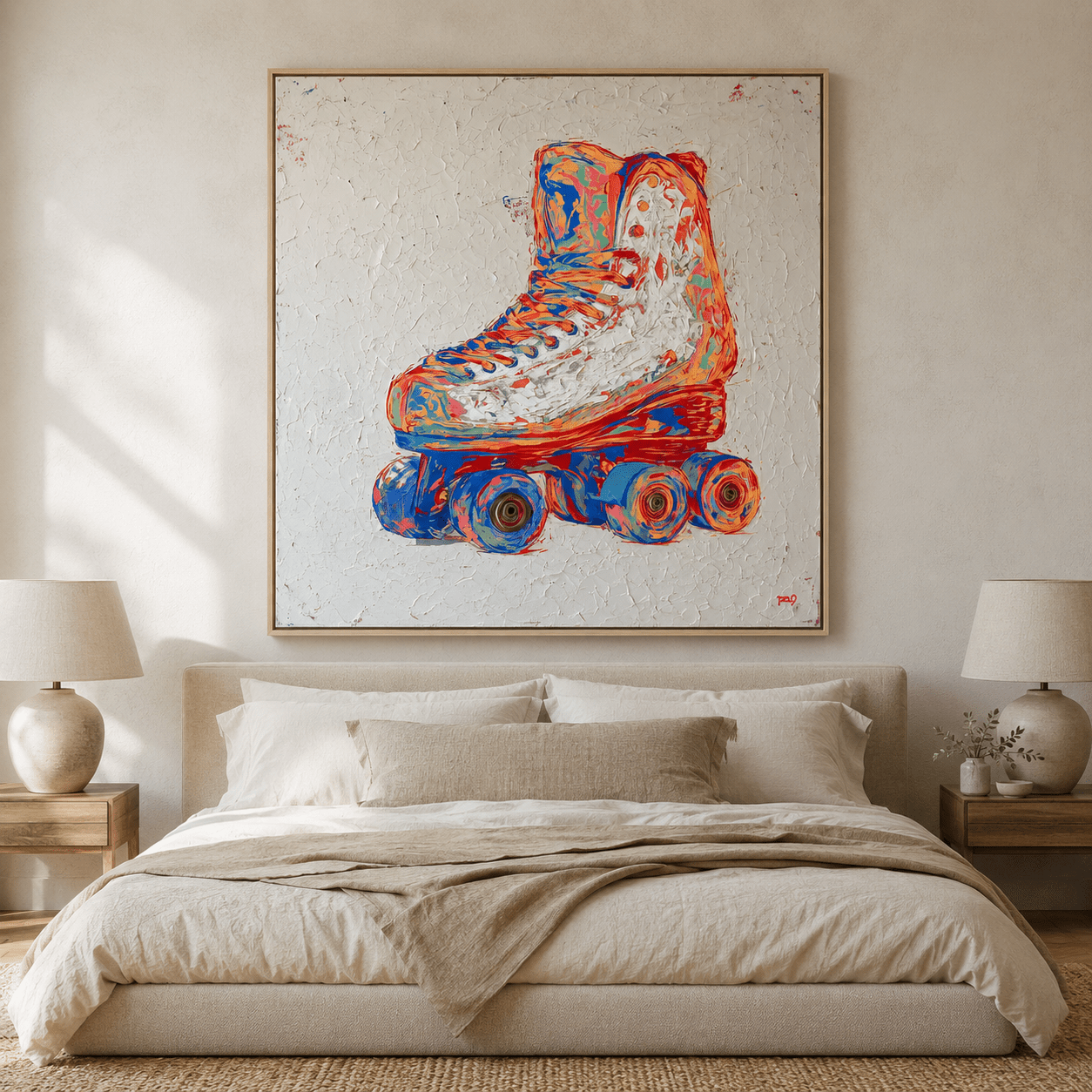 Neon Wheels pop art painting hung above the bed in a warm neutral bedroom, vibrant roller skate wall art