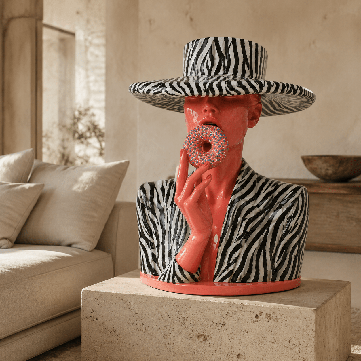 Pop art sculpture on a stone pedestal in a modern living room – Glazed Safari by Rossetti Art