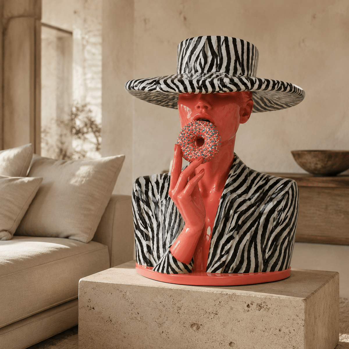 Pop art sculpture on a stone pedestal in a modern living room – Glazed Safari by Rossetti Art