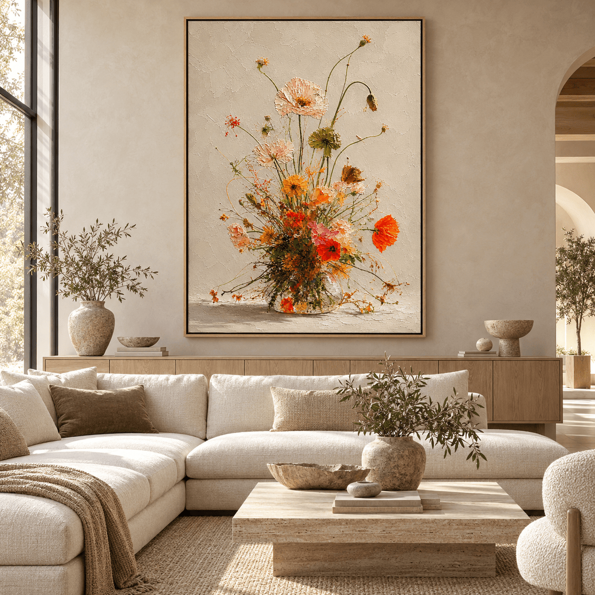 Poppy Painting — Golden Meadow hanging above a cream sectional sofa in a minimalist living room