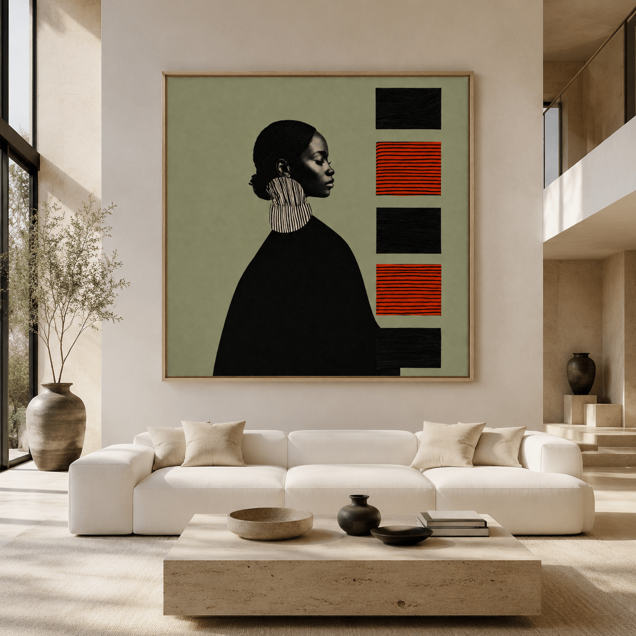 Quiet Cadence portrait collage canvas print shown in a modern living room setting