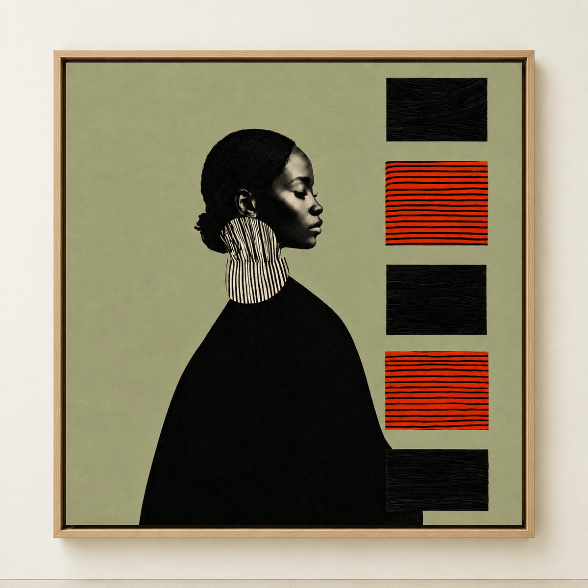 Portrait collage art in sage green, black, and burnt orange – Quiet Cadence by Rossetti Art