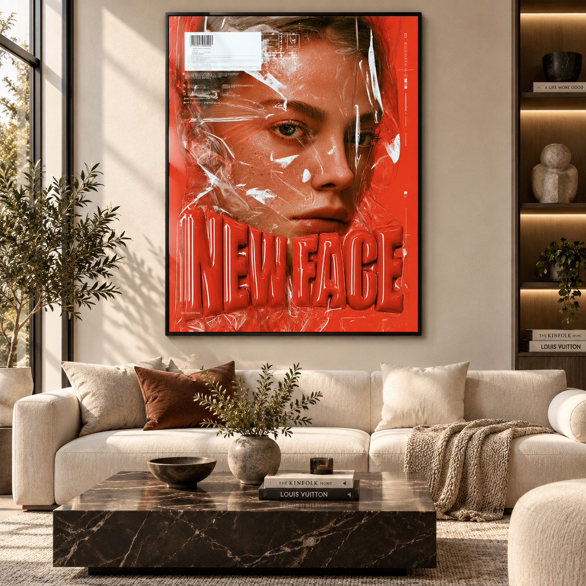 Portrait wall art – red fashion-editorial portrait acrylic print styled in a modern interior by Rossetti Art