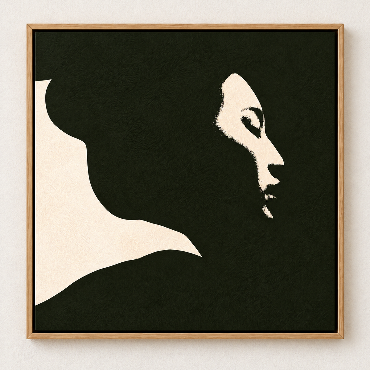 Profile Silhouette Art Canvas Print – Quiet Profile by Rossetti Art, a cream woman's profile on a deep black ground, framed