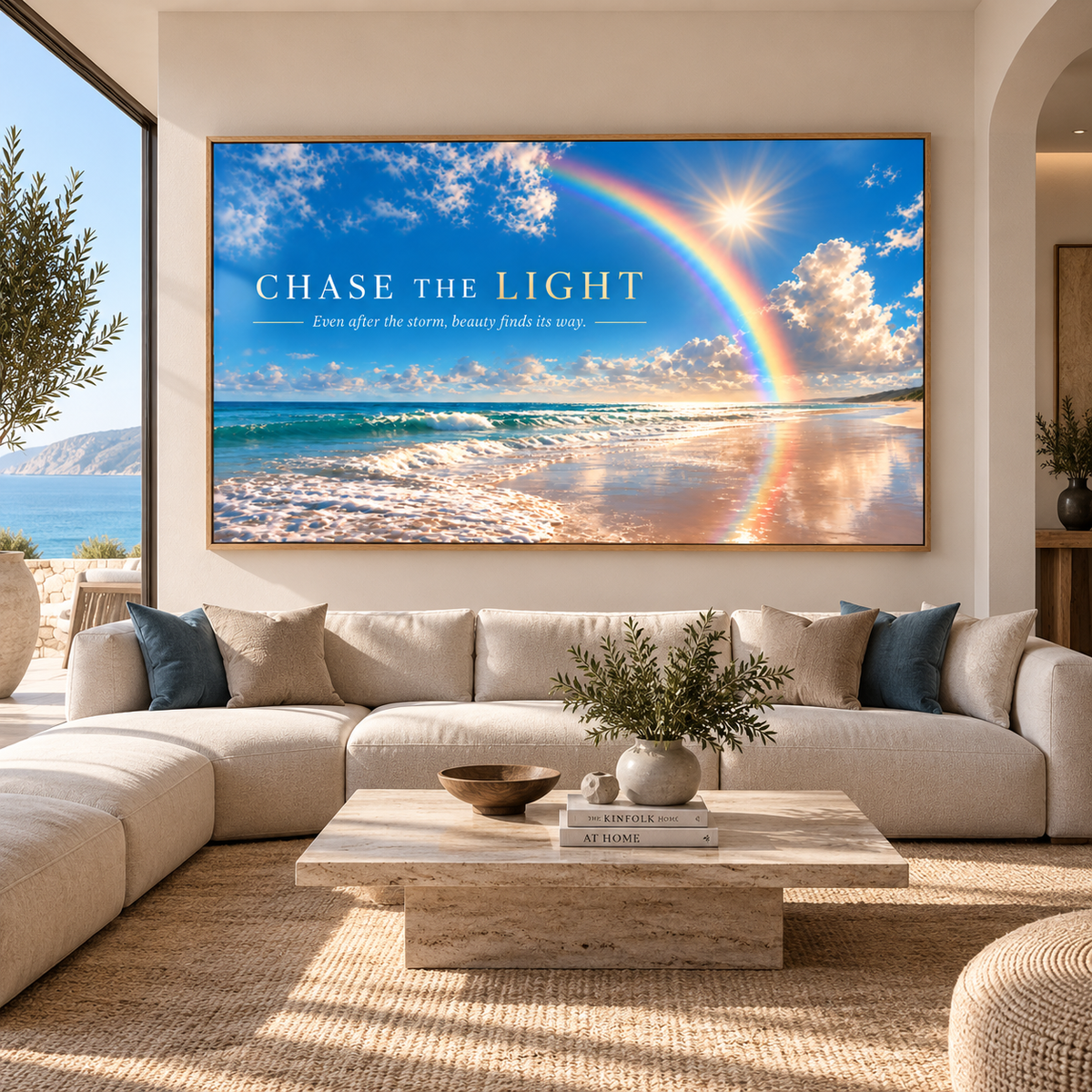 Rainbow wall art – sunlit beach seascape acrylic print with an oak frame above a sectional sofa by Rossetti Art
