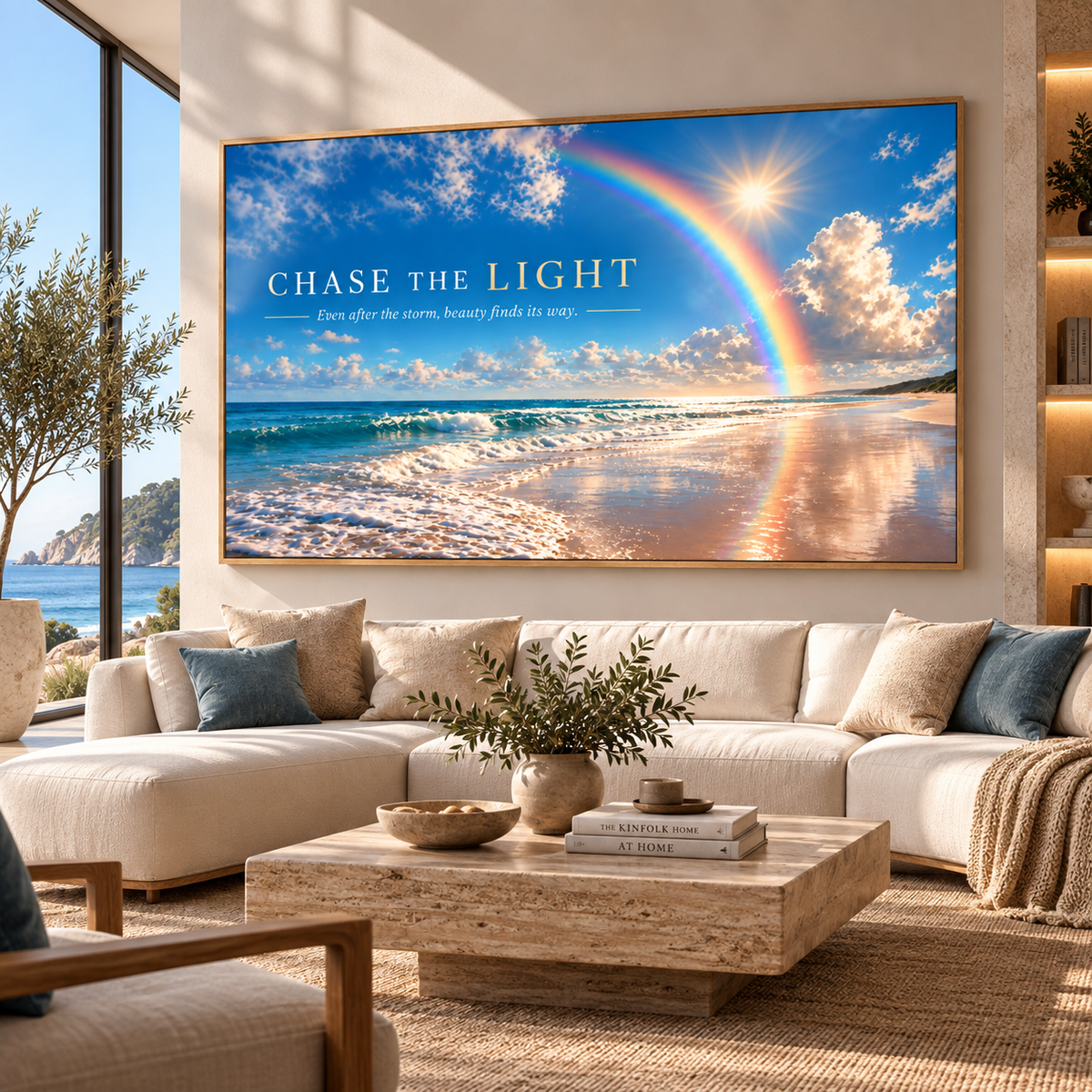 Rainbow wall art – beach and rainbow acrylic print in a framed coastal beach house interior by Rossetti Art