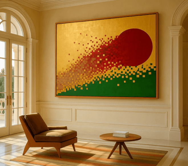Red and Gold Abstract Painting Original - Solar Ascent modern abstract canvas wall art by Rossetti Art – luxury interior design artwork for living room, bedroom, office – Abstract Canvas Painting Canvas with Gold Foil Geometric Wall Art