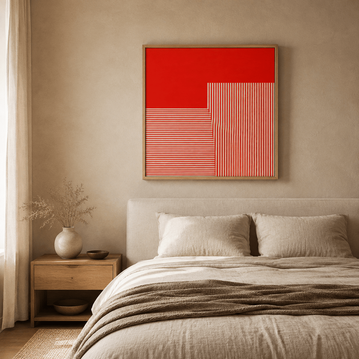 Red geometric wall art above a neutral bedroom with a natural wood frame — Crimson Coordinates by Rossetti Art