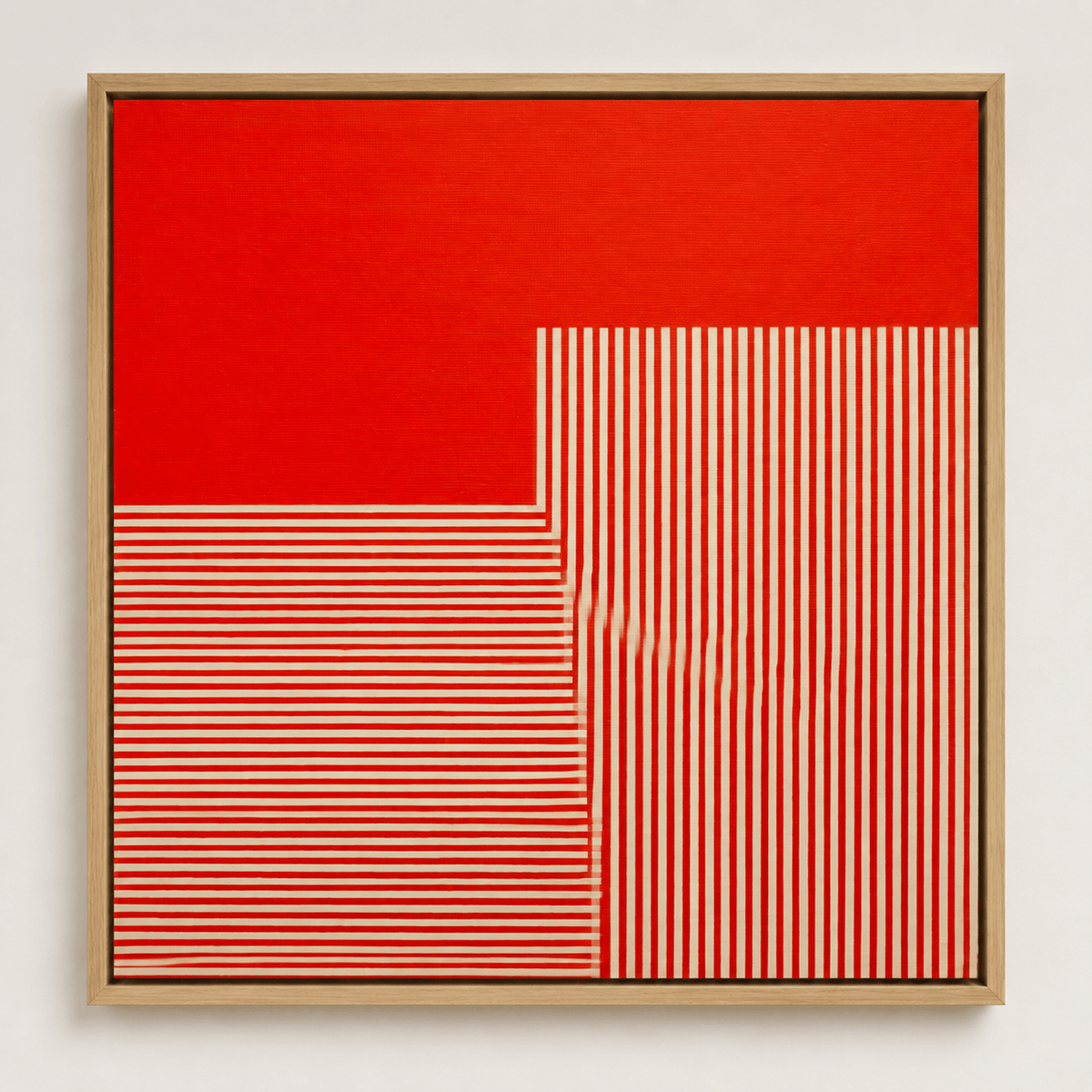 Red geometric wall art — Crimson Coordinates by Rossetti Art, shown in a natural wood floater frame