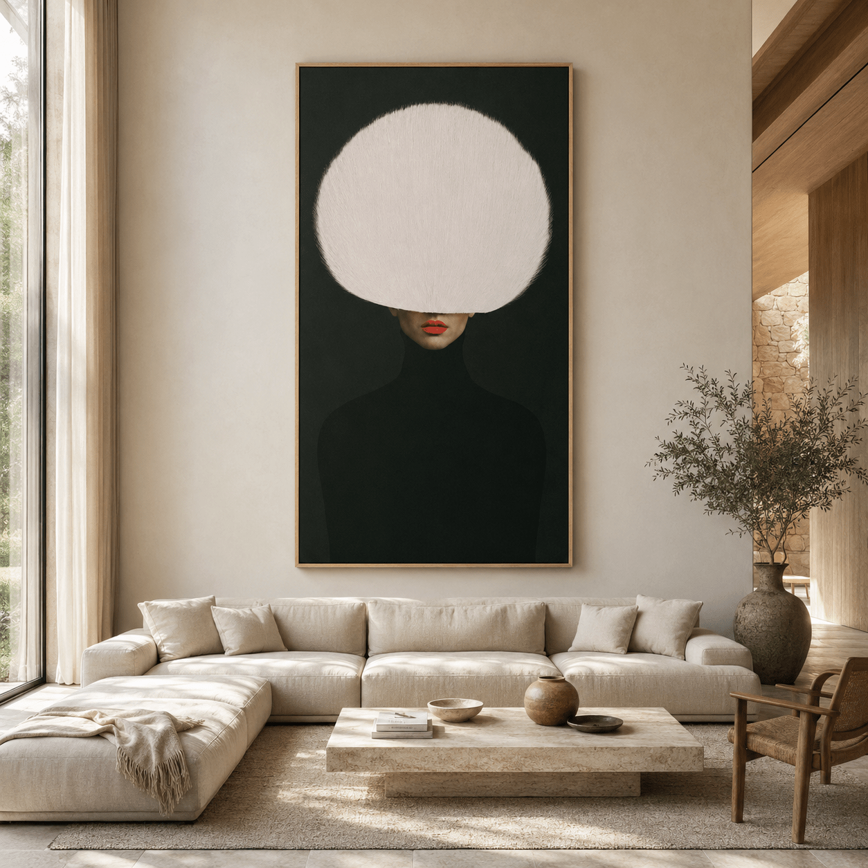 Red Lip Wall Art – Ivory Veil in a neutral modern living room, oak floater frame, by Rossetti Art