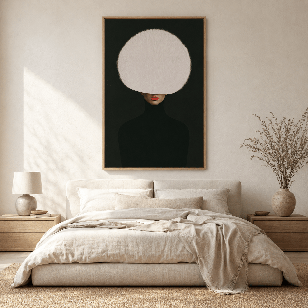 Red Lip Wall Art – Ivory Veil hung as a bedroom statement piece above the bed by Rossetti Art