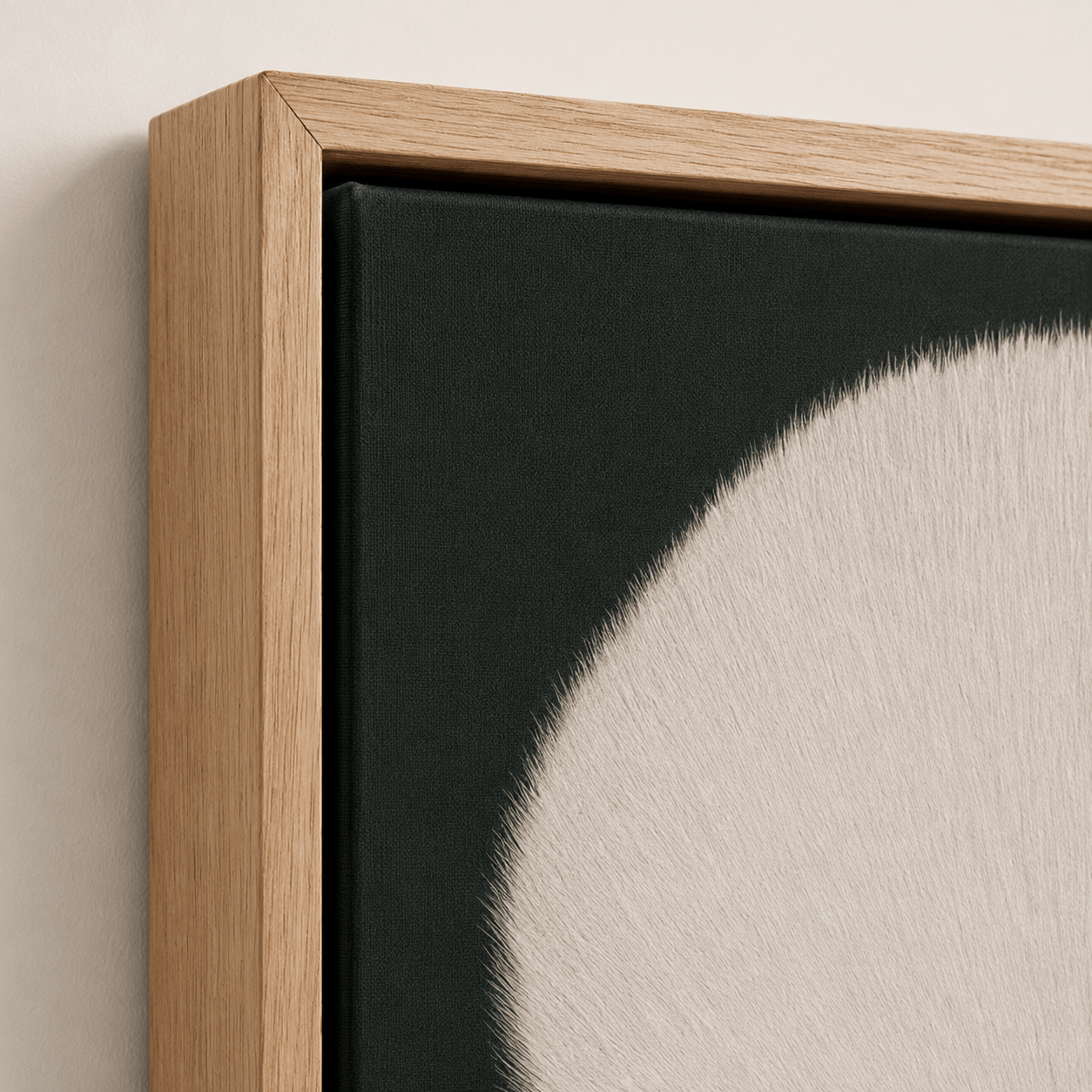 Oak hardwood floater frame corner detail on the Red Lip Wall Art – Ivory Veil canvas print by Rossetti Art