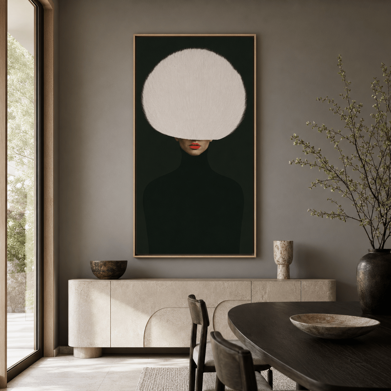 Red Lip Wall Art – Ivory Veil styled above a dark dining room sideboard by Rossetti Art