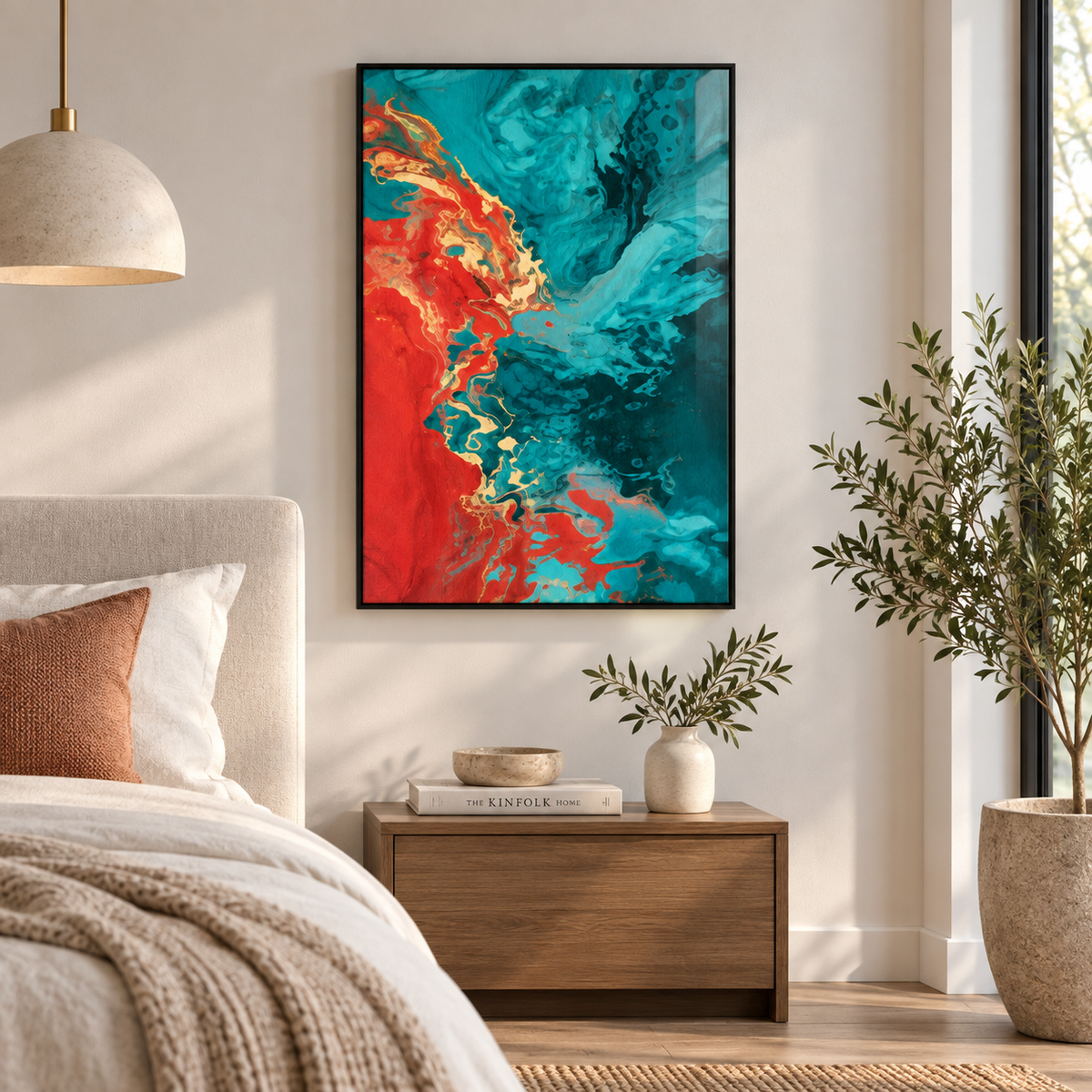 Red wall art – crimson and turquoise fluid abstract acrylic print in a black frame above a bedside table in a warm bedroom by Rossetti Art