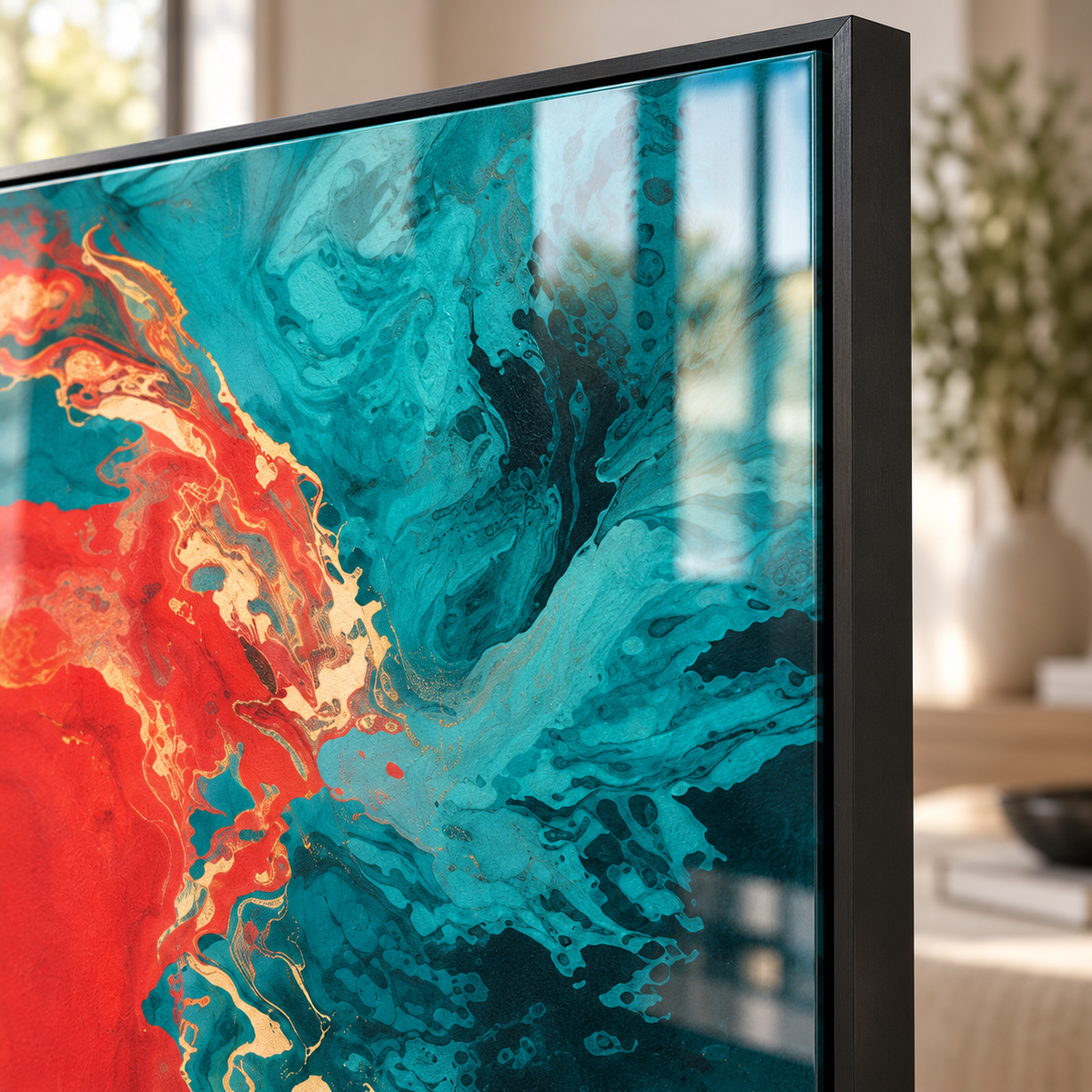 Red wall art – close-up of the glossy acrylic surface and black floater frame corner of a red and turquoise fluid abstract print by Rossetti Art
