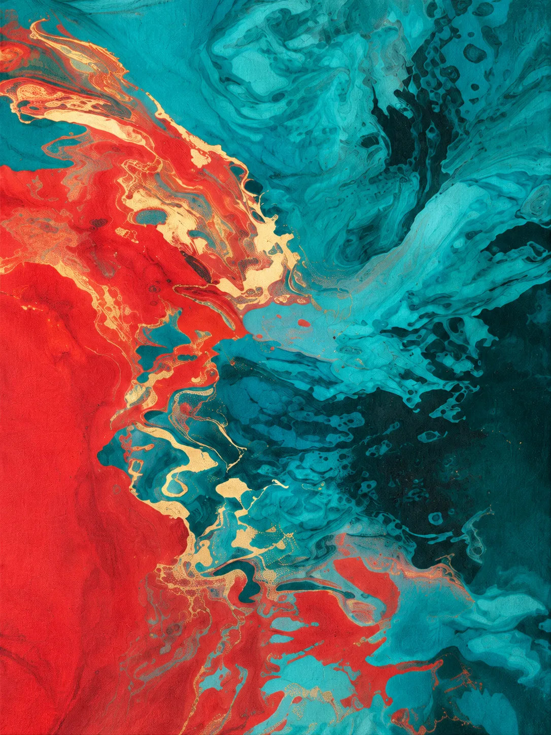 Red wall art – crimson and turquoise fluid abstract with gold veins, acrylic print, front view, by Rossetti Art