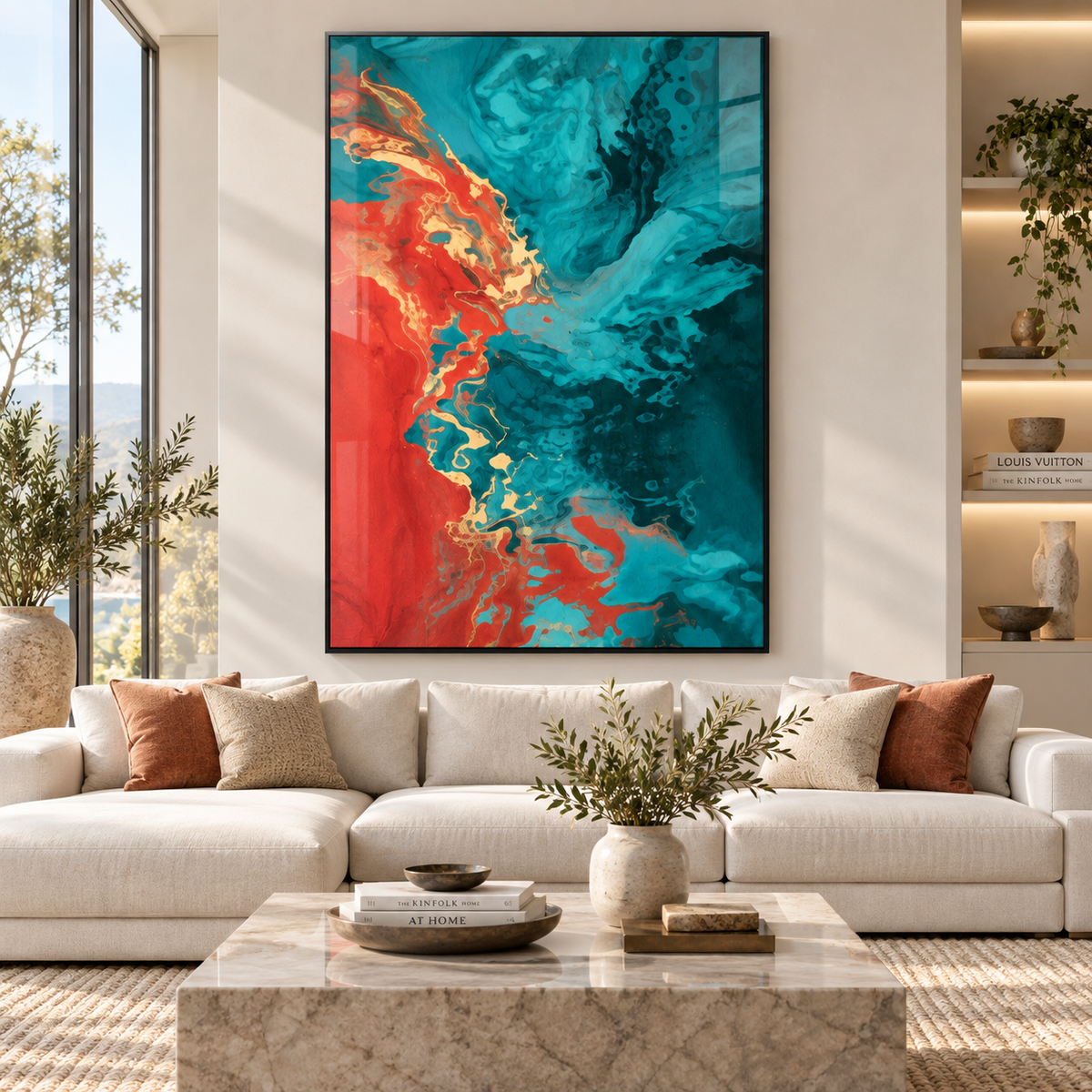 Red wall art – crimson and turquoise fluid abstract acrylic print in a black frame above a cream sofa in a bright living room by Rossetti Art