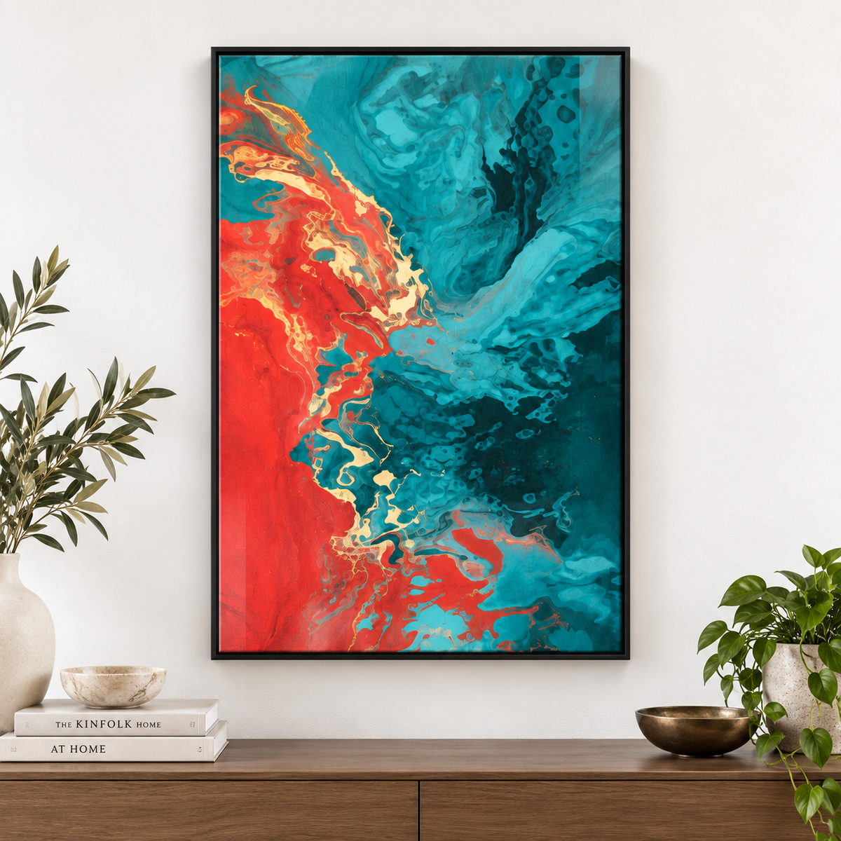 Red wall art – vertical red and turquoise fluid abstract acrylic print in a black frame above a wooden sideboard by Rossetti Art