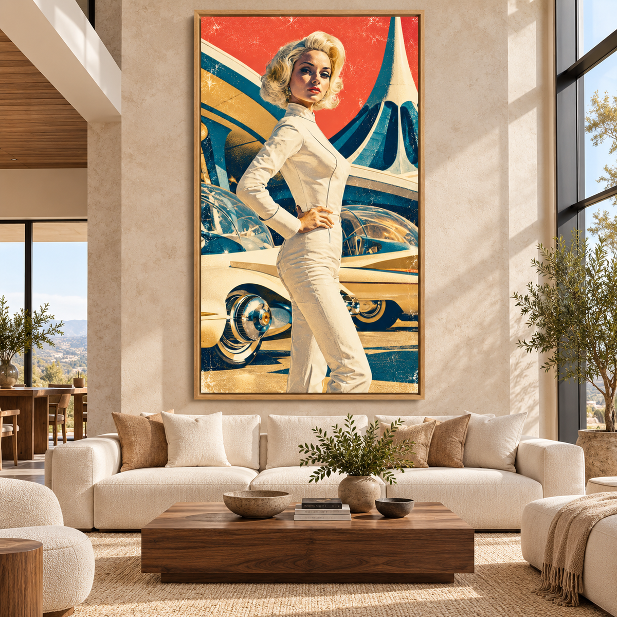 Retro futuristic art canvas print Chrome Muse above a cream sofa in a modern living room