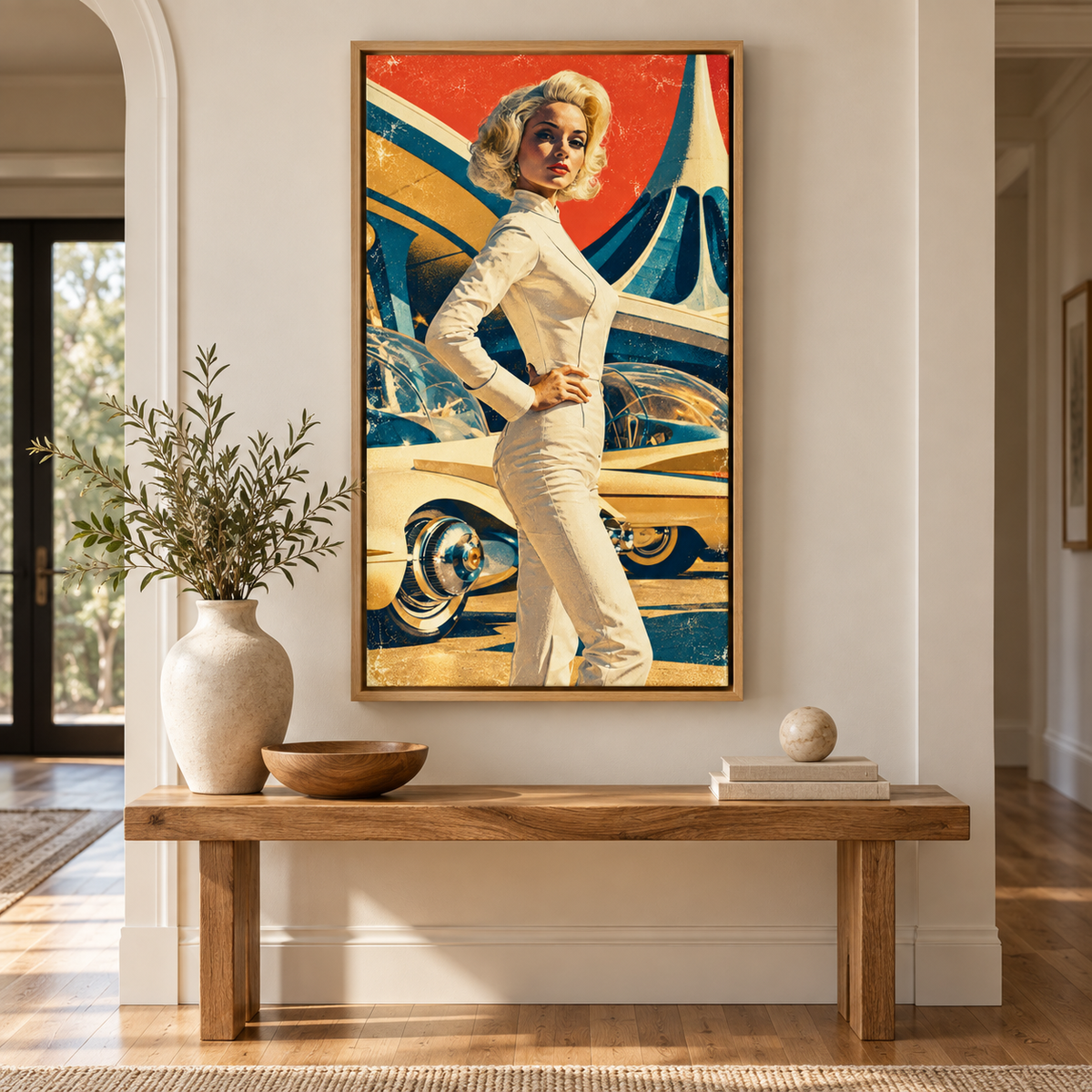 Chrome Muse retro futuristic art canvas print above a wooden console in an entryway