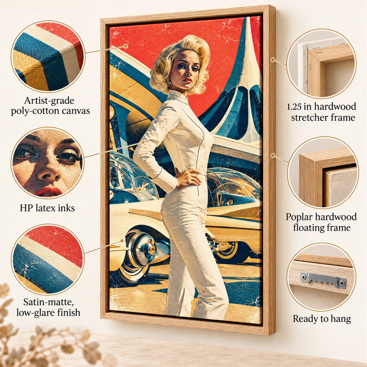 Canvas print details: artist-grade canvas, 1.25 in hardwood stretcher, HP latex inks, poplar floater frame, ready to hang – Chrome Muse by Rossetti Art