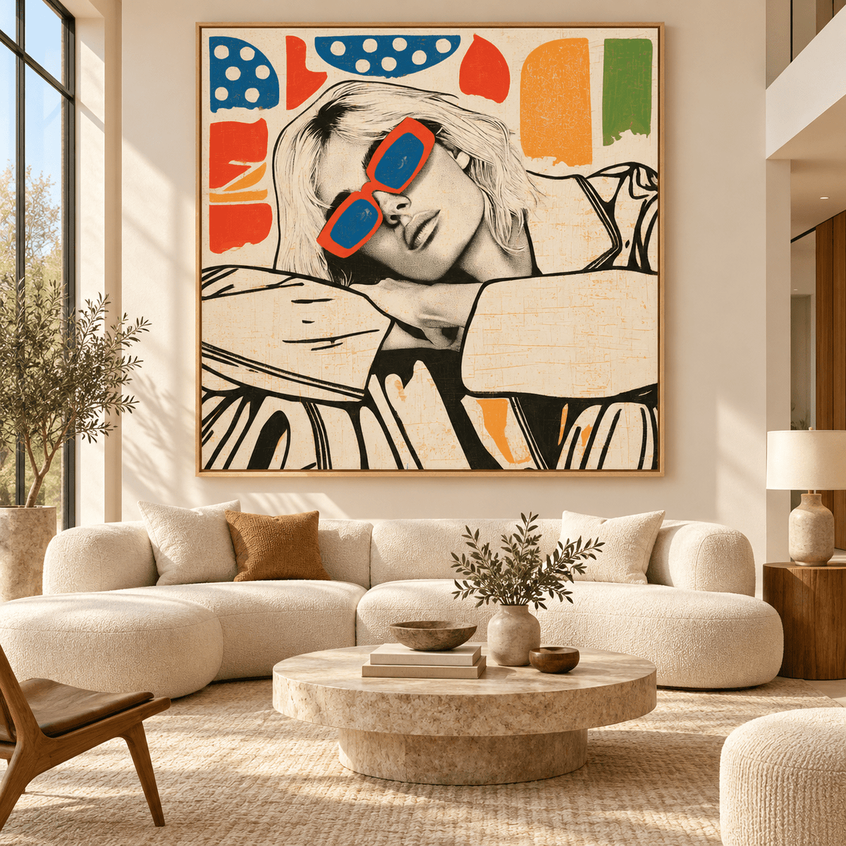 Retro woman sunglasses canvas print in a stylish contemporary living room