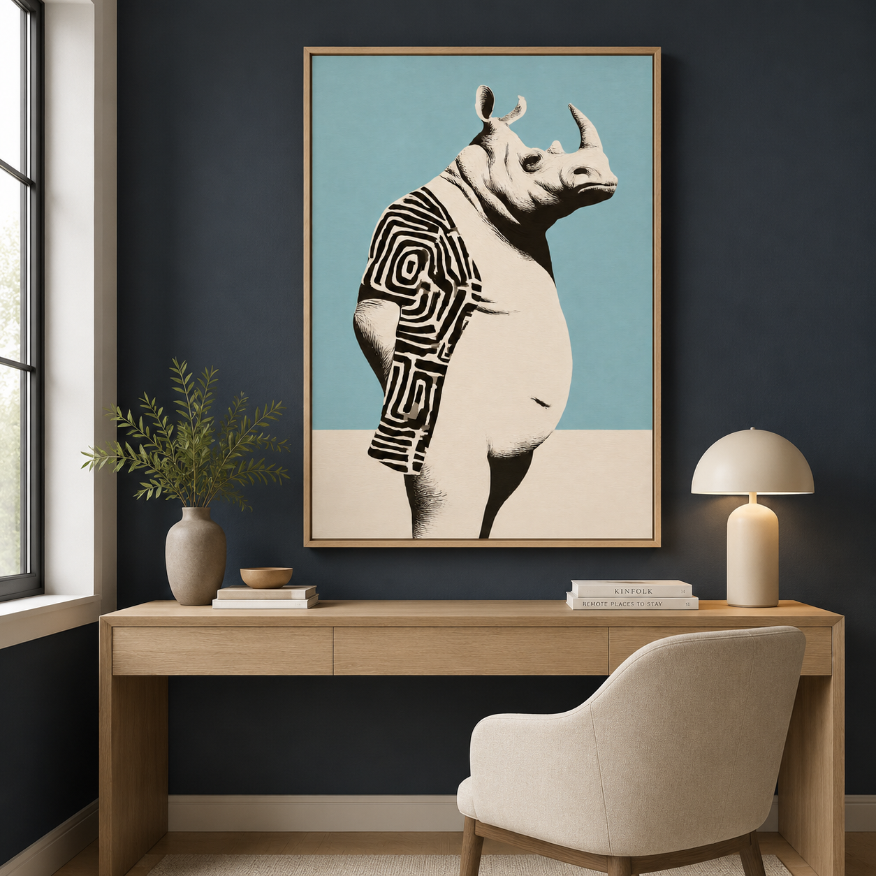 Rhino Wall Art — Labyrinth Hide canvas print in a home office
