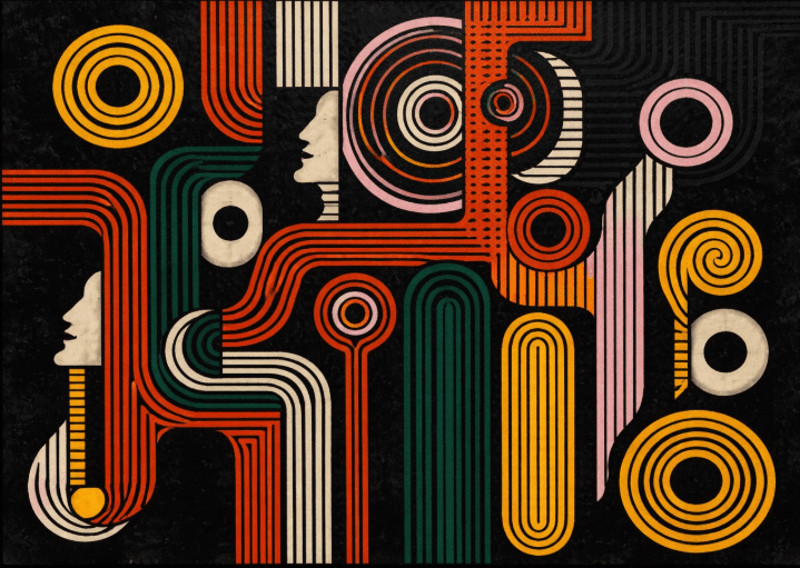 Rhythm Circuit Abstract Canvas Print Art – Red, Teal & Gold Geometric Wall Art, Gallery - Quality Framed Canvas modern abstract canvas wall art by Rossetti Art – luxury interior design artwork for living room, bedroom, office – abstractnew horizontal horizontal art print