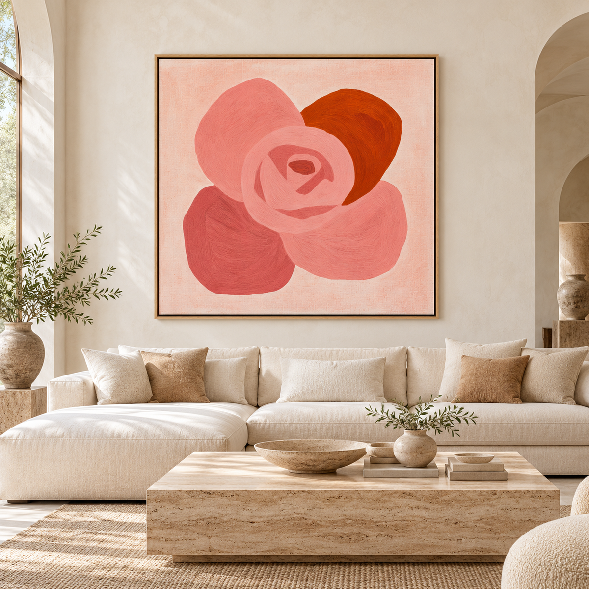 Rose wall art Blush Rosette above a cream sofa in a living room – Rossetti Art