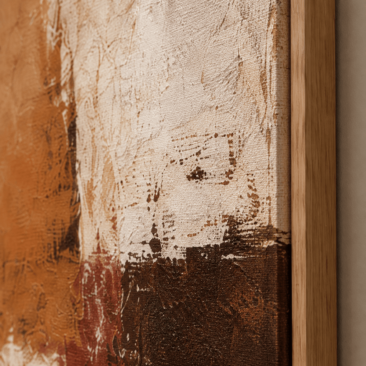 Close-up detail of palette-knife texture on Amber Divide rust wall art canvas, oak floater frame