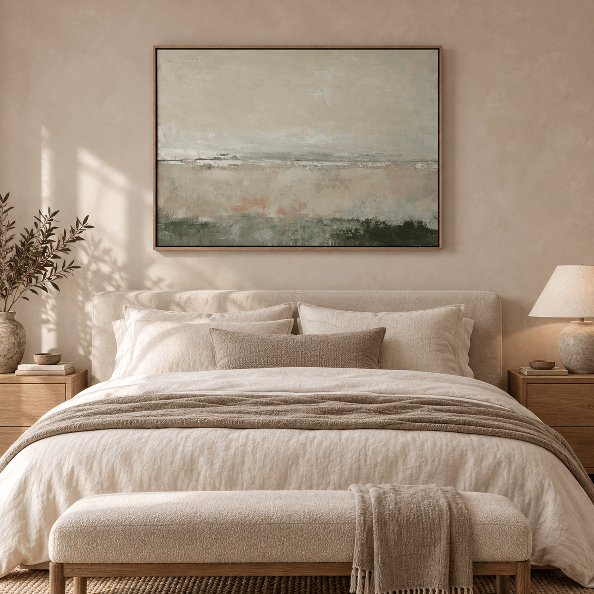 Quiet Horizon sage abstract painting hung in a bedroom — Rossetti Art