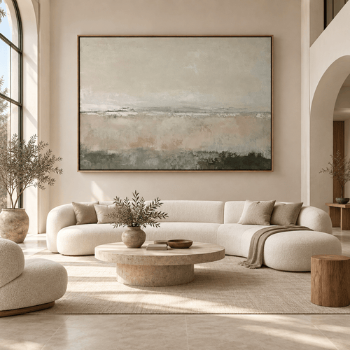 Quiet Horizon sage green and ivory abstract landscape painting in a slim copper frame — Rossetti Art