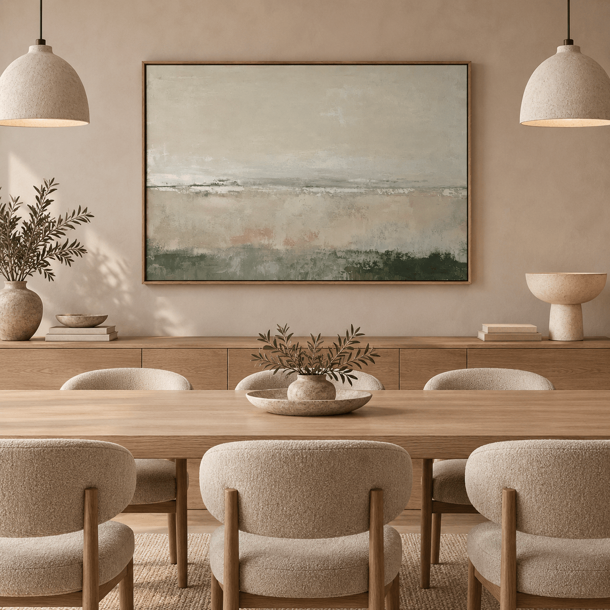 Quiet Horizon sage abstract painting hung above a living room sofa — Rossetti Art
