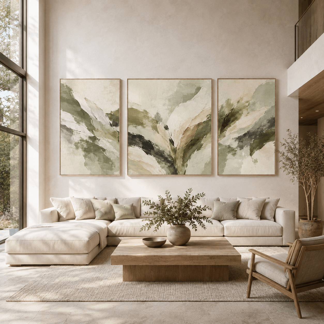 Sage green abstract art canvas set above a bedroom headboard – Quiet Canopy by Rossetti Art