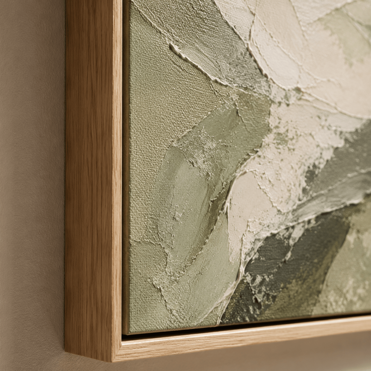Close-up detail of palette-knife texture on Quiet Canopy sage green abstract art canvas, oak floater frame