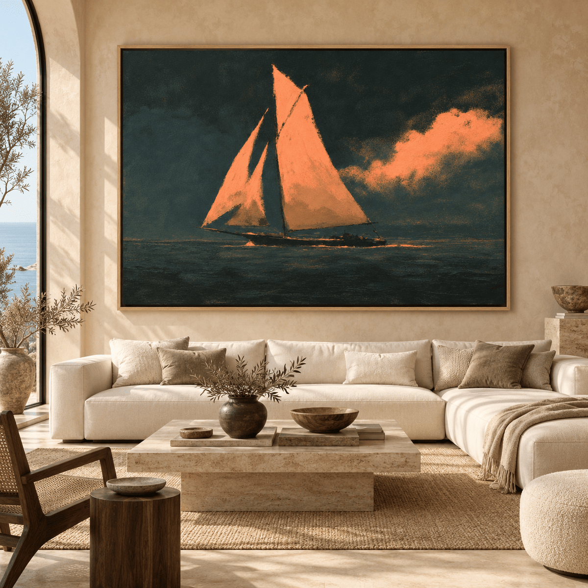 Sailboat painting above a living room sofa – Coral Wind by Rossetti Art