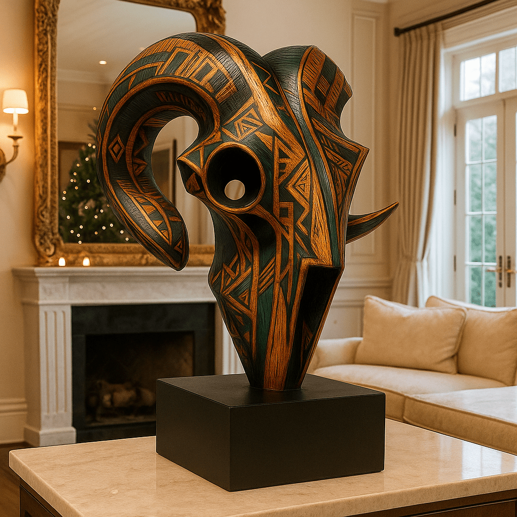 Sculpture Art : African Ram - Handmade Ram Mask Sculpture modern abstract canvas wall art by Rossetti Art – luxury interior design artwork for living room, bedroom, office – African inspired sculpture animal head art artistic statement piece