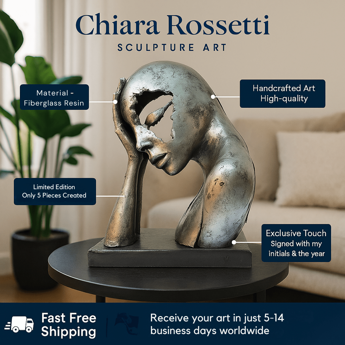 Sculpture Art : "Shattered Thoughts" modern abstract canvas wall art by Rossetti Art – luxury interior design artwork for living room, bedroom, office – abstract face sculpture bold artistic decor contemporary art piece