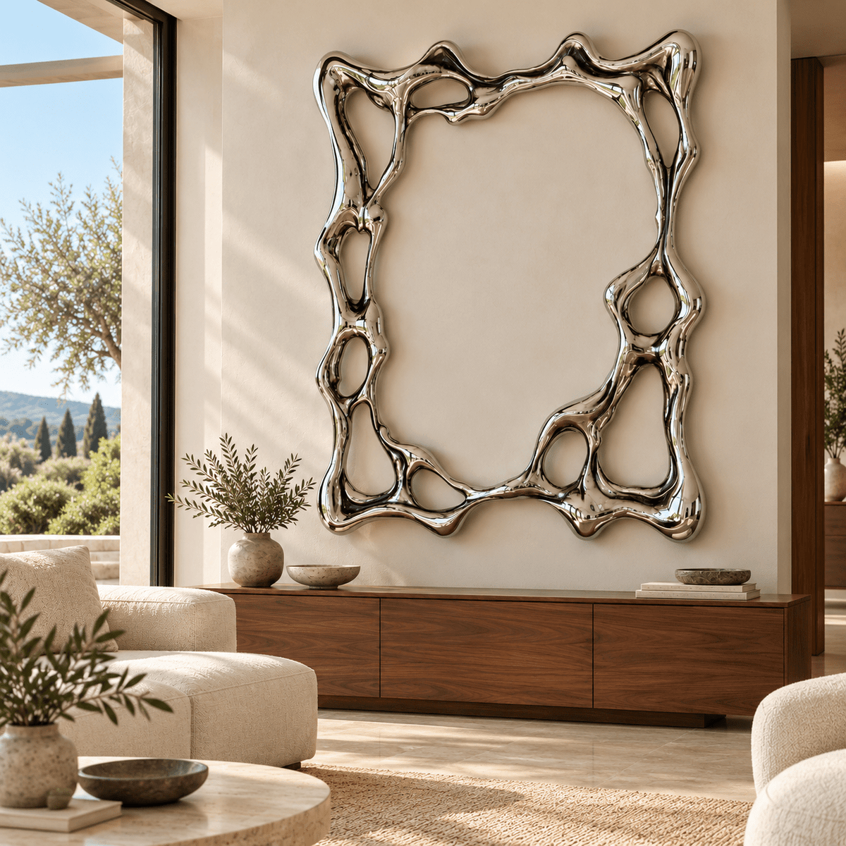 Silver Metal Wall Art – Liquid Mirror by Rossetti Art – polished stainless steel wall sculpture above a walnut sideboard in a living room