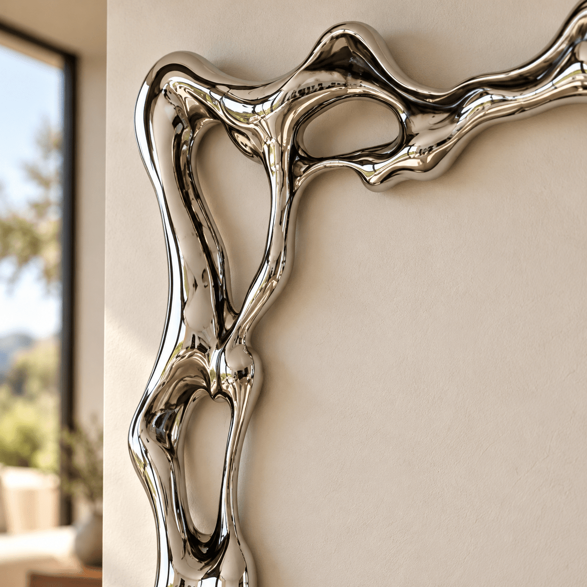 Silver Metal Wall Art – Liquid Mirror by Rossetti Art – close-up of the mirror-polished stainless steel surface