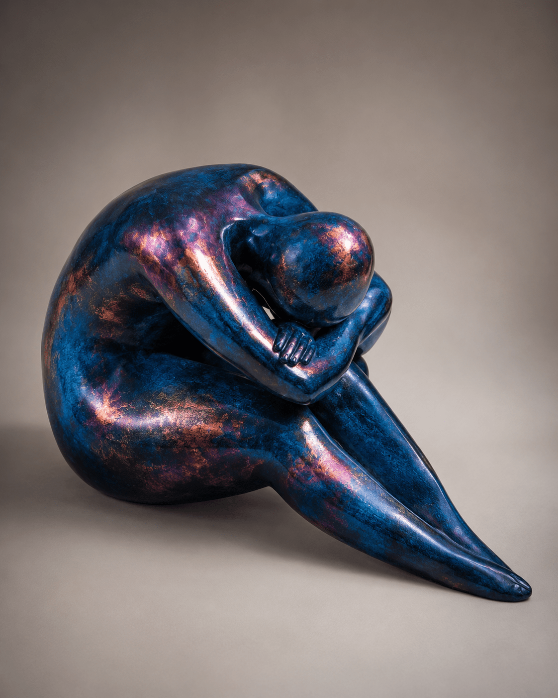 Seated Figure Sculpture Blue & Copper