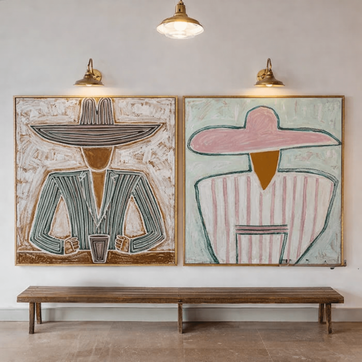Set of 2 Original Paintings – Modern Abstract Cowboy Figures Diptych | Minimalist Figurative Wall Art by Chiara Rossetti modern abstract canvas wall art by Rossetti Art – luxury interior design artwork for living room, bedroom, office – figurative square abstract wall art square canvas art