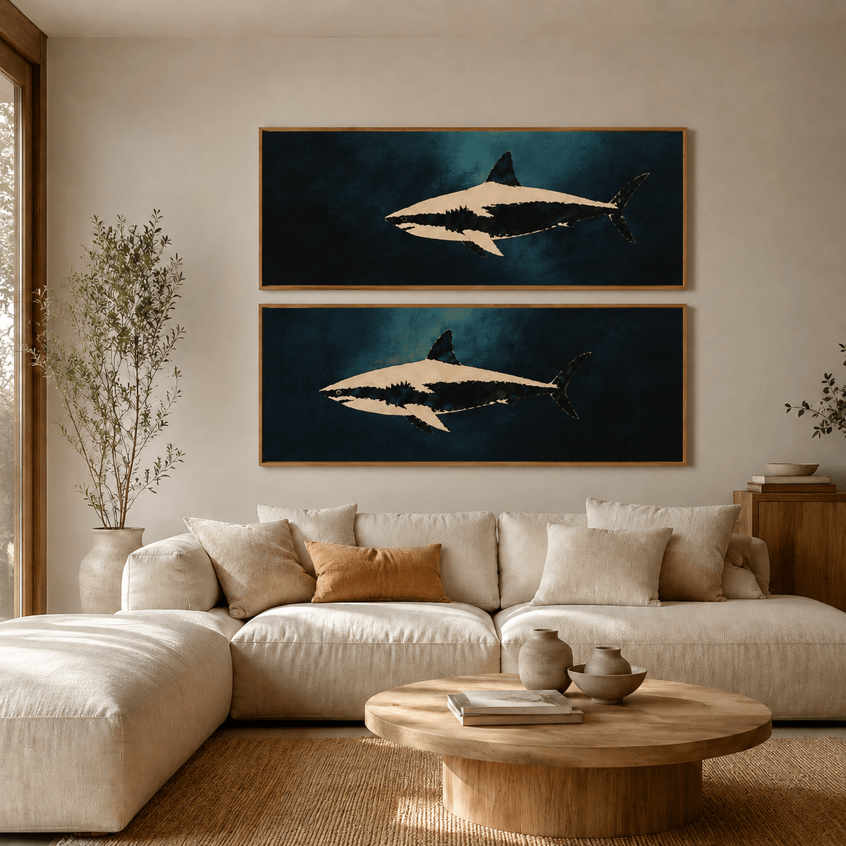 Shark Wall Art Set of 2 — Blue Current, horizontal marine canvas print room view 4