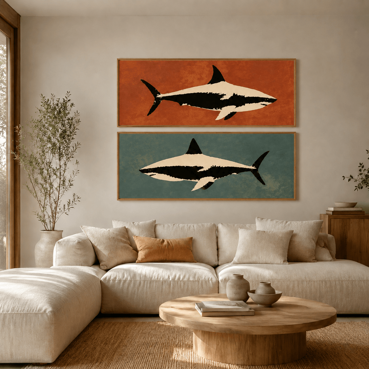 Shark Wall Art Set of 2 — Blue Current, horizontal marine canvas print room view 1