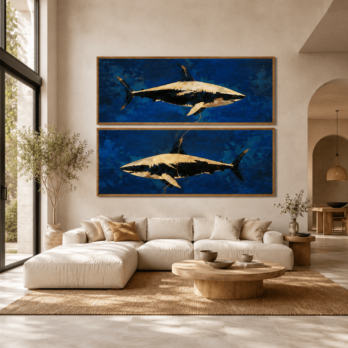 Shark Wall Art Set of 2 — Blue Current, horizontal marine canvas print room view 3