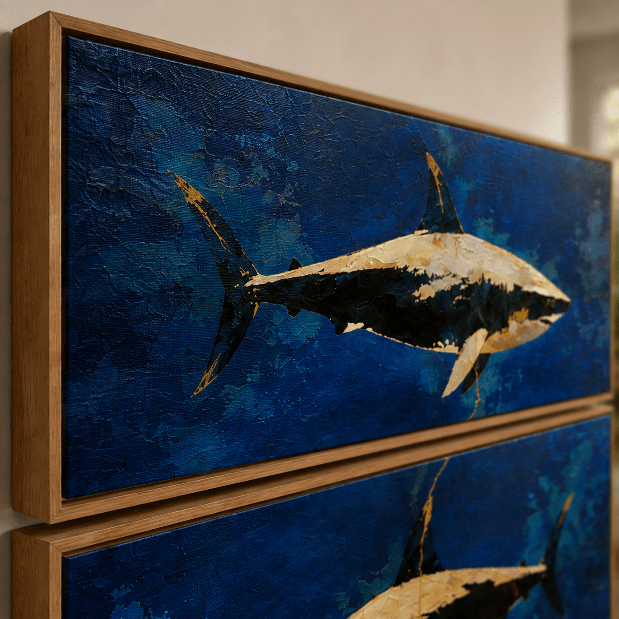 Shark Wall Art Set of 2 — Blue Current, horizontal marine canvas print room view 6