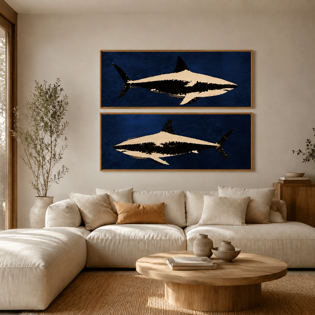 Shark Wall Art Set of 2 — Blue Current, horizontal marine canvas print room view 2
